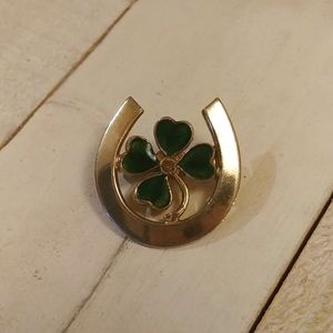 Vintage Enamel Four Leaf Green Clover Horseshoe Pin